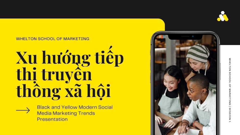 Slide xu hướng tiếp thị truyền thông xã hội màu vàng nổi bật